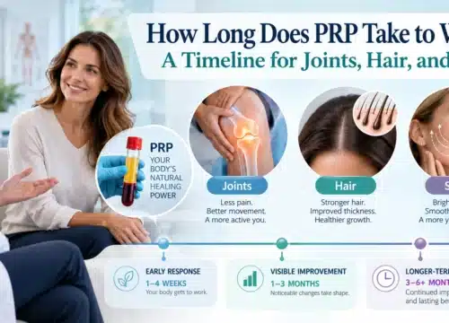 Woman discussing PRP treatment with a doctor, alongside imagery for joint pain, hair growth, and skin rejuvenation with a results timeline, and text reading “How Long Does PRP Take to Work? A Timeline for Joints, Hair, and Skin.”